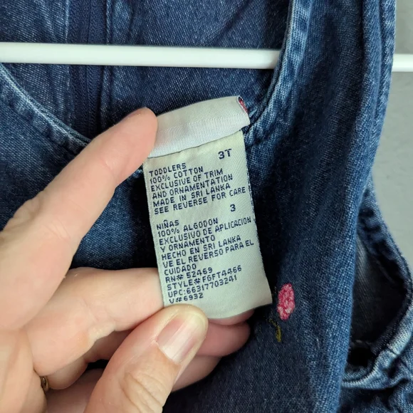 Vintage 3T Denim Cotton Dress With Stitched Pink Flowers. Vintage Denim Dress 3T - Picture 4 of 7